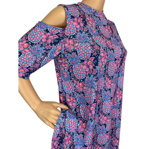 2/$15 Simply Southern Pineapple Print Cold Shoulder Dress Pockets Size M - Picture 7 of 11